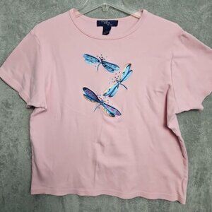 Cruise Wear & Co Short Sleeve Sz L Pink Embroidered Dragonfly Top